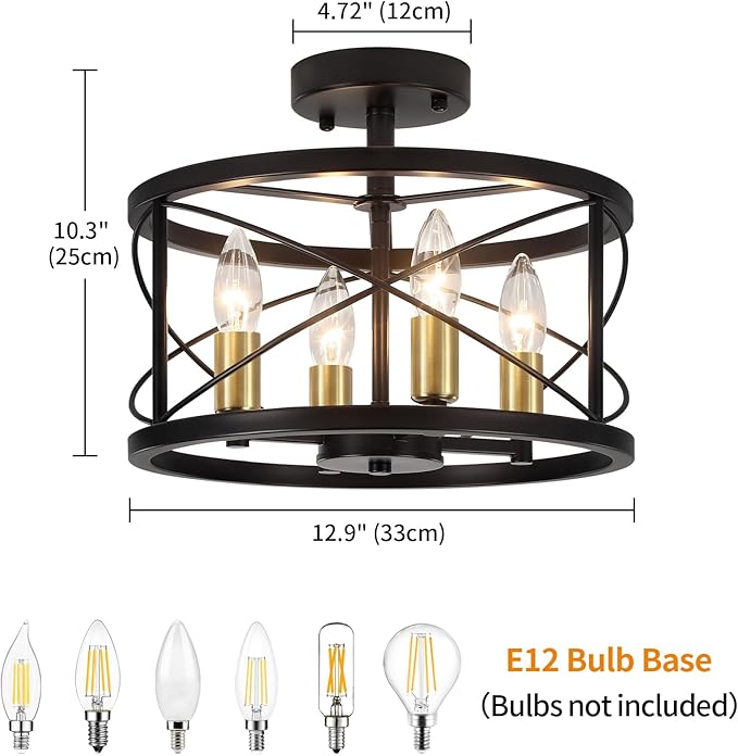 TOULMJ 4-Light Semi Flush Mount Ceiling Light, Black Gold Ceiling Light Modern Hallway Light Fixtures for Kitchen Island Entryway Laundry Room Foyer Dining Room