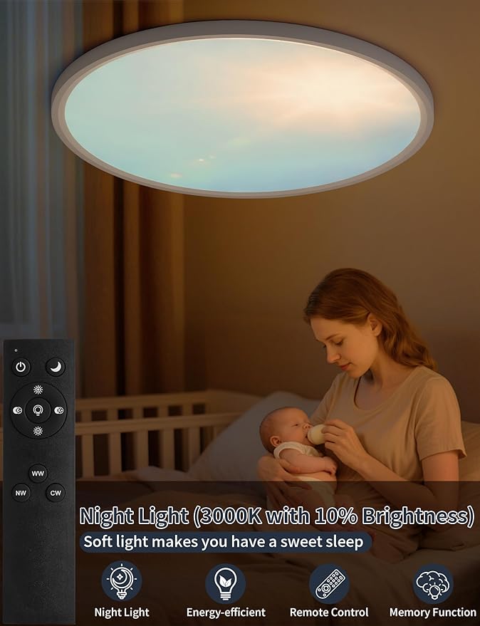 16 Inch Flush Mount Ceiling Light with Blue Sky Cover, Dimmable Ceiling Lamp with Remote, 32W LED Lighting Fixtures Sunlight Effect, Modern Slim Design for Classroom Bedroom Living Room, Round White