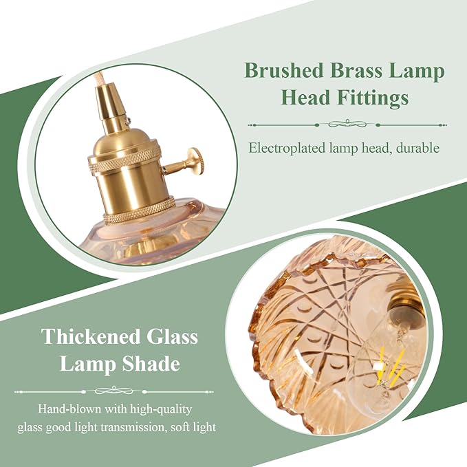 Plug in Pendant Light Fixtures,Amber Glass Lampshade Pendant Lighting 9.4in E26 Hanging Light FixtureCorded On/Off Switch for Kitchen Island, Bedroom, Dining Room