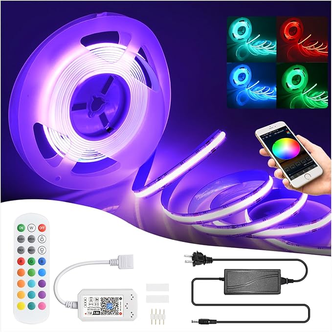 RGB COB Led Strip Light 16.4FT/5M, 576Leds/M, 24V Color Changing Led Strip Lights Dimmable with APP Control, Music Sync, Flexible Led Tape Light for Room Decor