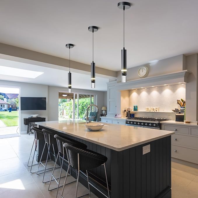 Pendant Lights Kitchen Island Dimmable LED 1-Light Black Pendant Hanging Light with Bubble Crystal Shades, Modern Kitchen Pendant Lighting Mini Pendant Light