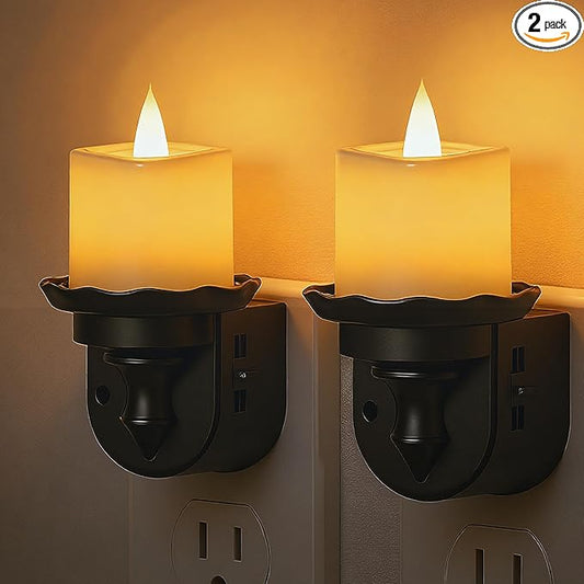 L LOHAS LED Flameless Candle Night Light, Flicker Night Lights Plug into Wall 2 Pack, Amber Candle Nightlight with Light Sensor, 0-100LM Dimmable LED Flickering Nightlights for Kids Hallway Bathroom
