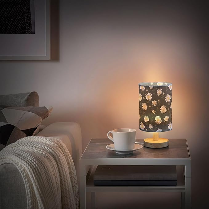 Aslsiy White Daisy on Black Bedside Table Lamp Cute Flower Nightstand Lamp Night Light Fabric Shade for Bedroom Living Room Home Office