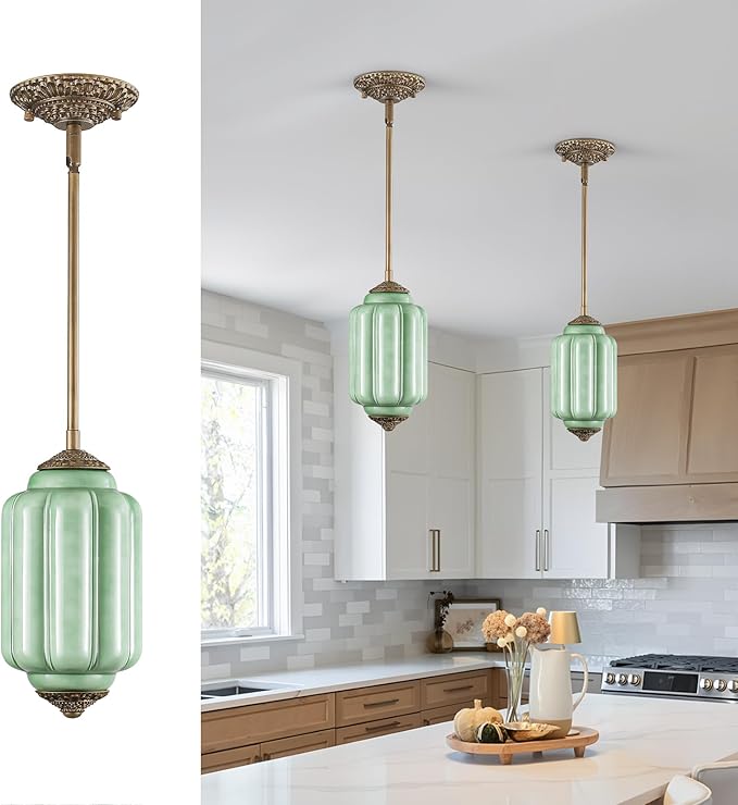 Vintage Milk Glass Pendant Light, 5.5" Semi Flush Mount Pendant Light, Brass Finish Green Glass Hanging Light Fixture for Kitchen, Dining Room, Bedroom, Hallway, Bathroom(Green, 1 Pack)