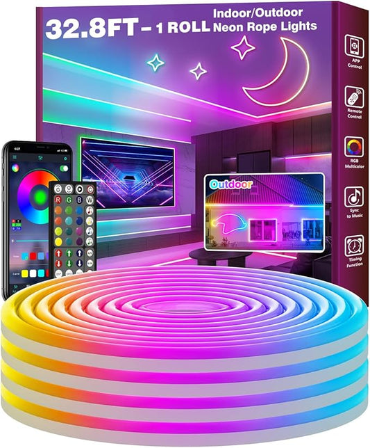 FBZ 200Ft Led Rope Lights, Flexible Neon Lights Control with App/Remote, Multiple Modes, IP65 Outdoor RGB Waterproof, Music Sync Gaming Light Strip for Bedroom Decor (32.8FT)