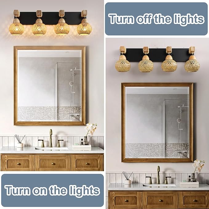 LmnLvn Farmhouse Bathroom Light Fixture, 4-Light Boho Vanity Light, Bamboo Bathroom Light Fixture Over Mirror Rustic Vanity Lighting with Handmade Bamboo Shades, Suit for Restroom, Bedroom, Hallway