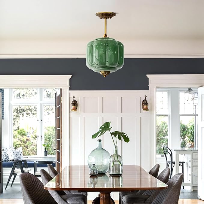 Milk Glass Ceiling Light Fixture - Antique Brass Semi Flush Mount Pendant Light for Kitchen, Hallway, and Bedroom (Green, 9 inch)