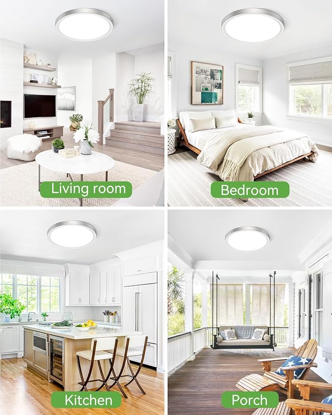 zemty LED Ceiling Light Brushed Nickel - 12In 28W Silver Round Flat Light Fixture with 3 Color Temperature 3000K/4500K/6000K - 3200lm Flush Mount Ceiling Light for Kitchen Bathroom Shower,6 Pack