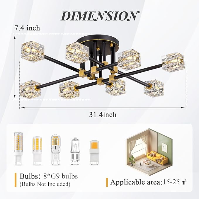 Modern Sputnik Ceiling Light Fixture with 8 Light,Black and Gold Semi Flush Mount Ceiling Light,K9 Crystal Chandeliers for Bedroom, Dining Room, Kitchen Island, Living Room