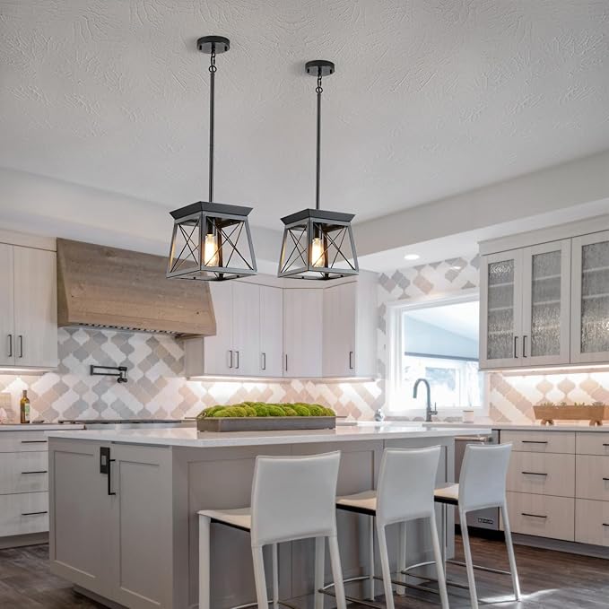 HuixuTe Black Farmhouse Pendant Lights, Industrial Kitchen Island Lighting, Rectangle Linear Cage Chandeliers for Kitchen, Dining Room Table