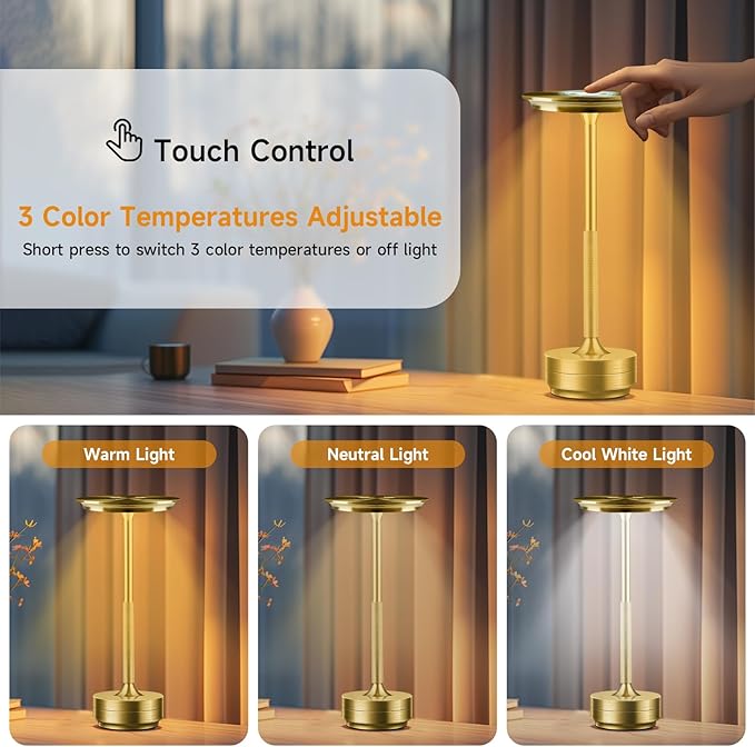 Cordless Rechargeable Table Lamps, Portable Led Ecolume Dining Table Light with Touch Control & 3 Color Dimmable, 5200mAh Battery Powered Vueeze Table Lamp for Outdoor Patio Dinner Restaurant (Gold)