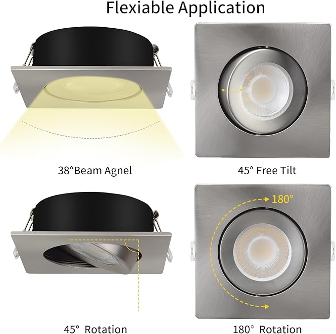 KnLnny Ware Brushed Nickel Square Recessed Lights 4 inch 6 Pack,Gimbal Recessed Lights with Junction Box,dimmable, 5CCT Selectable,9W 750LM