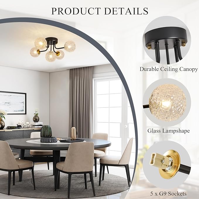 Semi Flush Mount Ceiling Light Black 5-Lights Sputnik Ceiling Light Mid Century Modern Clear Glass Globe Close to Ceiling Light for Bedroom Kitchen Entryway Closet