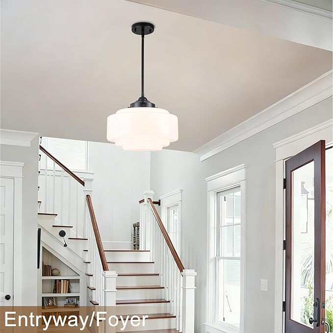 Schoolhouse Pendant Light, 14" Mid Century Pendant Lighting Fixture Vintage Milk Glass Chandelier with Black Metal for Dining Room Kitchen Island Bedroom Hallway, Adjustable Height (E26)