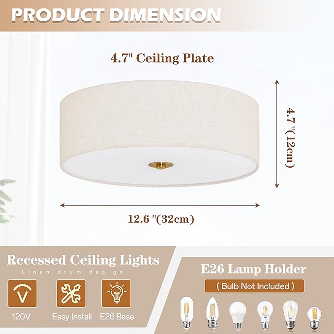 Bagood 12.6 Inch Flush Mount Ceiling Light 2-Light Drum Modern Gold Light Fixture Ceiling Light Fixture Close to Ceiling Light Fixture with Fabric Shade for Living Room Hallway Kitchen Bedroom