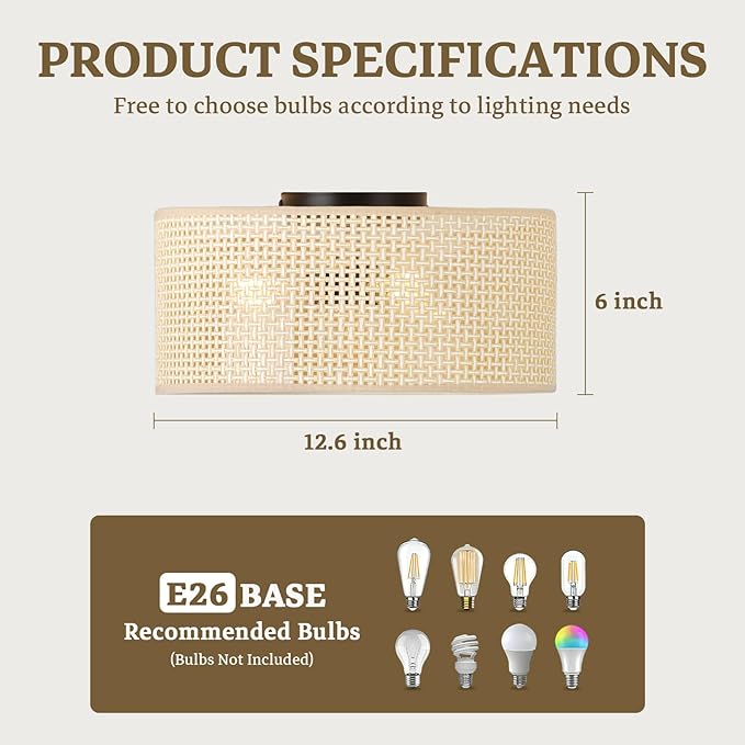 13Inch Boho Semi Flush Mount Ceiling Light,Natural Woven Drum 3-Light Ciling Fixture for Bedroom,Living Room,Dining Room,Kitchen,Hallway,Entryway,Coastal and Scandinavian Style Lighting