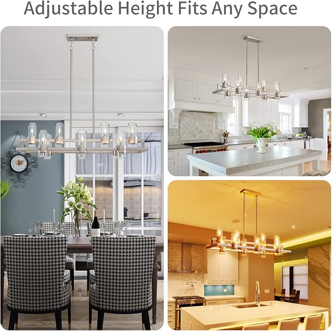 WUZUPS Island Rectangle Chandelier 10-Light with Clear Glass Industrial Modern Farmhouse Linear Light Fixture for Dining Room Kithen Island, Width 42.5" Height 10.4", Brushed Nickel