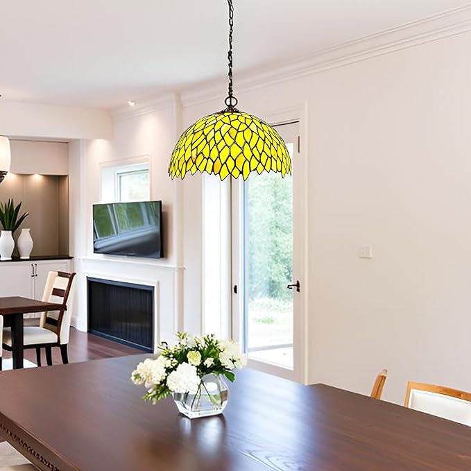 Tiffany Pendant Light Plug in Stained Glass Hanging lamp 12X12X181 Inch Hanging Lamp Living Room Bedroom Kitchen Dining Room Office(Yellow Wisteria)