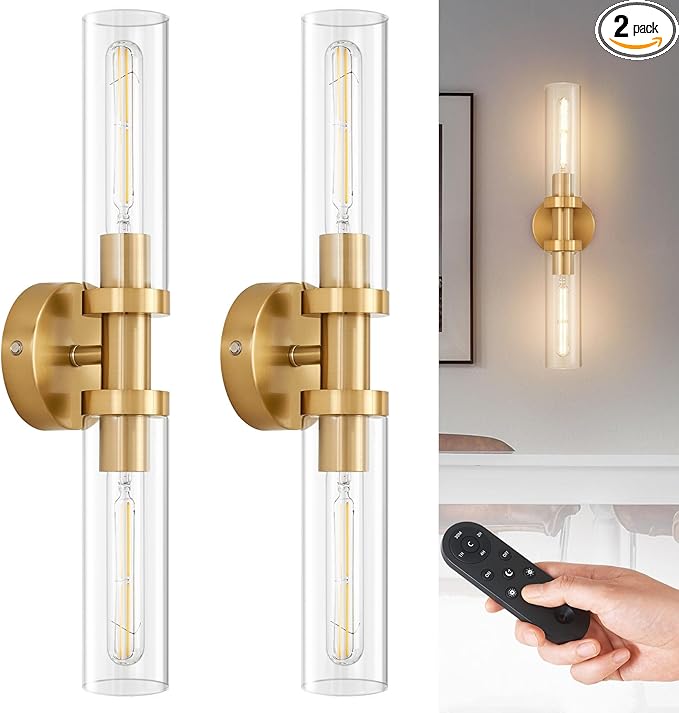 SANTOSTOCK Gold Battery Operated Wall Sconce Set of 2, 12000mAh Rechargeable Wall Lights with Remote Control, Wireless Dimmable Wall Lamps for Bedroom Living Room Bathroom Hallway Stairwell