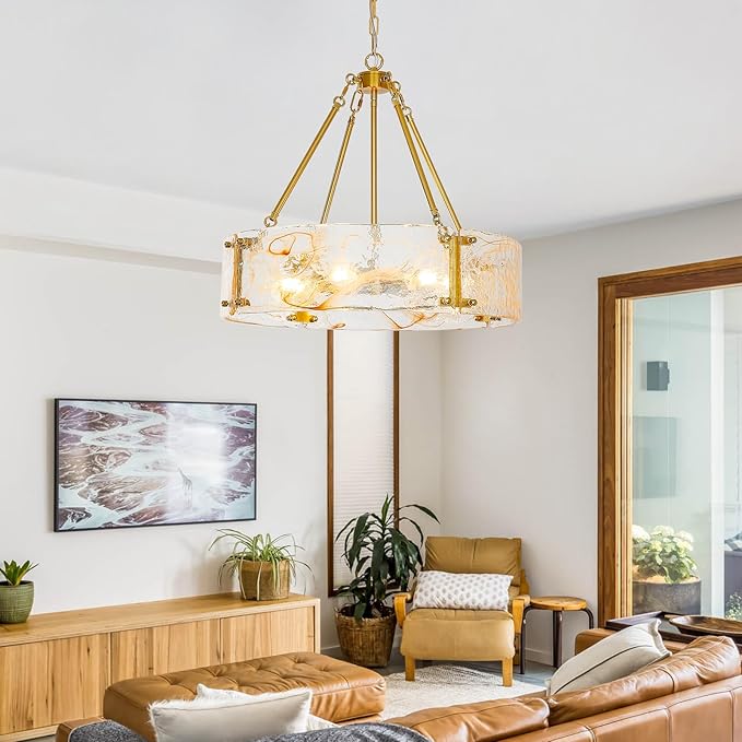 WILON Chandeliers for Dining Room, Modern Glass Pendant Light Fixtures,6-Light Foyer Kitchen Lighting Fixtures Textured Hanging Lights for Bedroom, Bathroom, Laundry Room, Entryway, Hallway (Gold)
