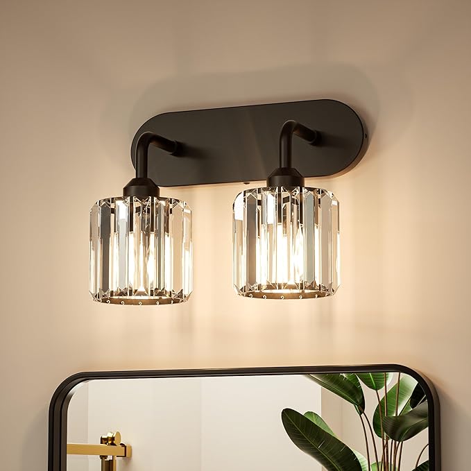 Keonjinn 2-Light Bathroom Light Fixtures, Crystal Black Bathroom Vanity Lights Over Mirror, Vanity Lighting Fixtures with Crystal Square Shades (E26 Base, Exclude Bulb)
