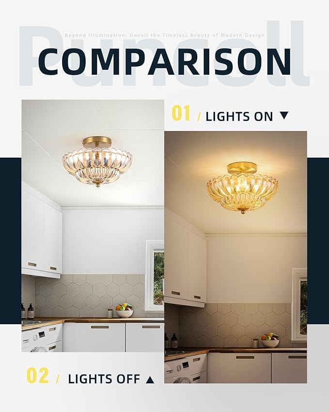 11.8 inch Semi Flush Mount Ceiling Light, 3-Light Close to Ceiling Light Fixtures with Flower Glass, Vintage Ceiling Lights for Hallway Living Room Kitchen Bedroom Bathroom, Amber
