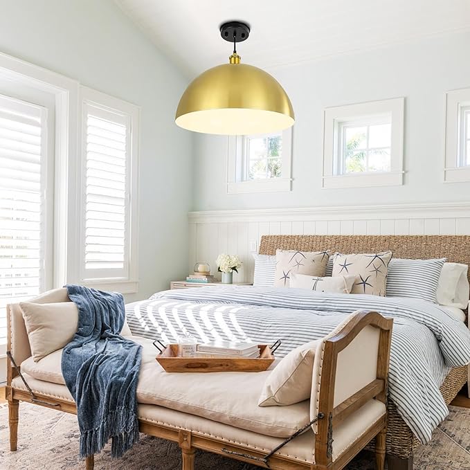 Gold Pendant Light, 20" Farmhouse Ceiling Light with Gold and White, Elegant Semi-Circular Shade Design, Adjustable Height Industrial Dome Pendant Lights for Kitchen Island, Dining Room