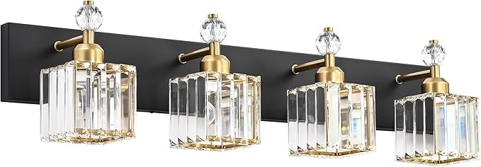 PRESDE 4-Light Crystal Vanity Light for Bathroom Modern Black and Gold Bathroom Lights Fixtures Over Mirror Modern Bath Wall Lighting