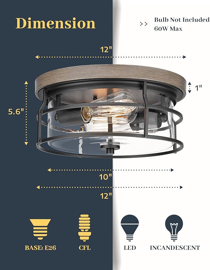 EAPUDUN 2-Light Flush Mount Ceiling Light Fixture, 12inch Farmhouse Vintage Close to Ceiling Lights with Clear Glass for Kitchen Bedroom Foyer Hallway Stairway Entryway, FMA1414-FBDT