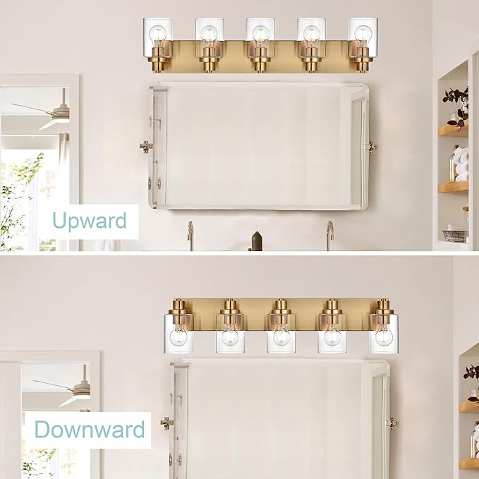 5 Light Bathroom Vanity Lights Brushed Brass Bathroom Lighting Fixtures Over Mirror with Clear Glass Shades, Modern Industrial Wall Sconces Vanity Lighting Fixture for Bedroom Living Room
