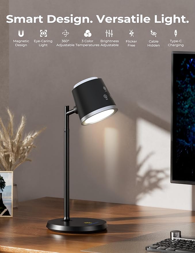 Modular LED Desk Lamp for Home Office, Eye-Caring Table Lamp Dimmable Rechargeable with 360°Adjustable Head, 3 Color Temperatures & Stepless Brightness, Touch Control & Memory, Multi-Scene Use, Bkack
