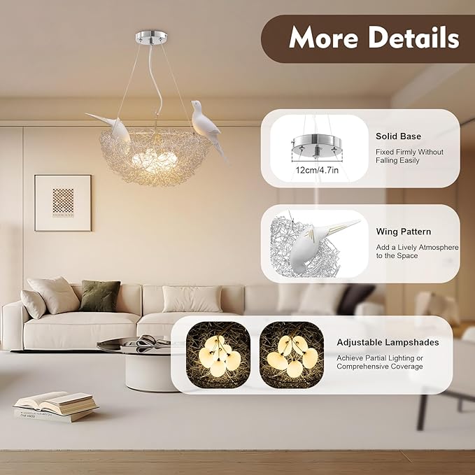 5 Lights Bird's Nest Pendant Light LED Chandelier w/Adjustable Cord Woven Nest Chandelier for Living, Dining, Study, Bedroom, Silver Dia 40cm