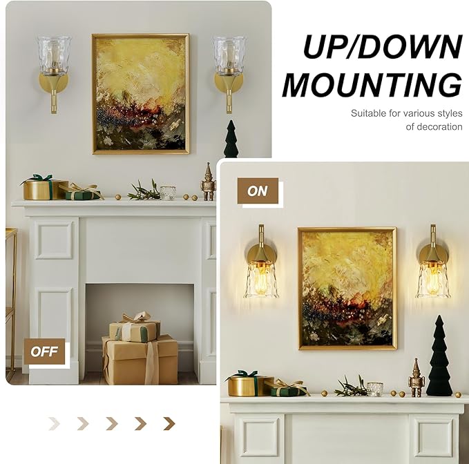 Gold Wall Sconce for Bathroom,1-Light Hardwired Wall Light Fixture with Water Ripple Glass Shade, Vintage Brass Sconce Lights for Bedroom Hallway Entryway