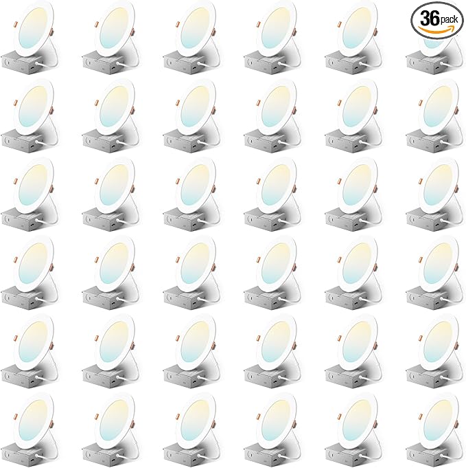 Amico 36 Pack 6 Inch 5CCT Ultra-Thin LED Recessed Ceiling Light with Metal Junction Box, 2700K-5000K Selectable, 1050 LM, Dimmable Canless Wafer Downlight, 12W Eqv 110W-ETL&FCC