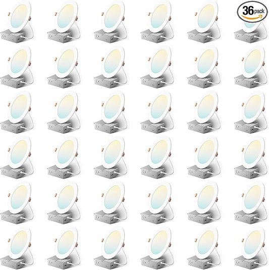 Amico 36 Pack 6 Inch 5CCT Ultra-Thin LED Recessed Ceiling Light with Metal Junction Box, 2700K-5000K Selectable, 1050 LM, Dimmable Canless Wafer Downlight, 12W Eqv 110W-ETL&FCC