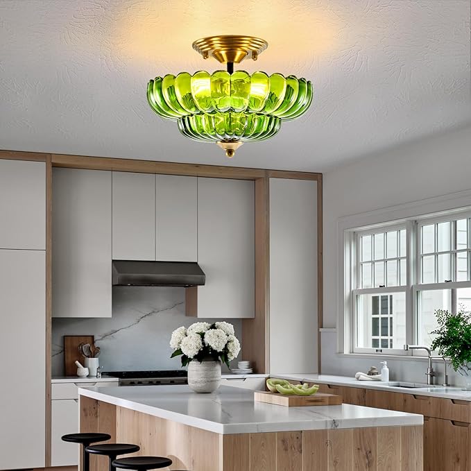 HuixuTe Modern Semi Flush Mount Ceiling Light, 3-Light Black Close to Ceiling Light Fixture with Green Glass Shade for Living Room Entryway Bedroom