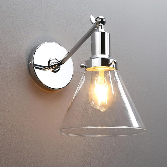 PERMO Industrial Vintage Slope Pole Wall Mount Single Sconce with Funnel Flared Clear Glass Shade Chrome Wall Sconce Light Fixtures
