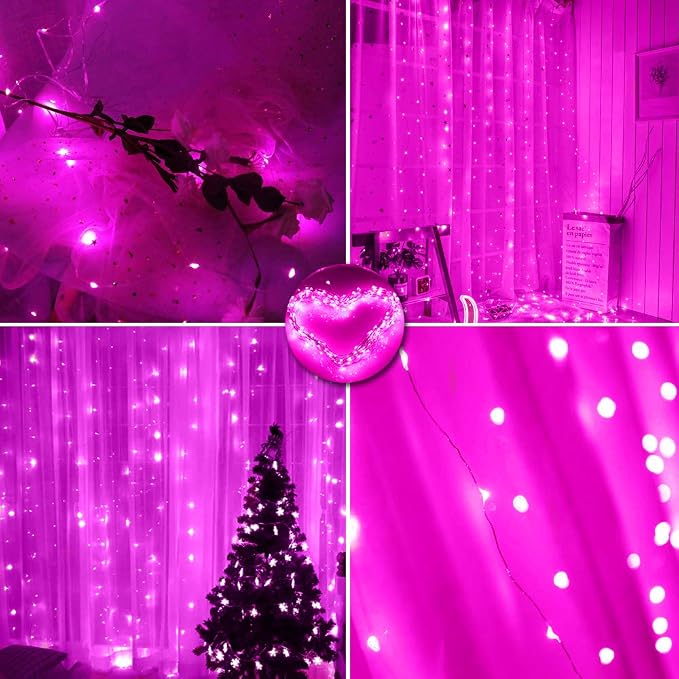 Curtain String Lights Indoor, 300 LED Twinkle Lights with Remote Timer USB Power 8 Modes Pink Fairy Lights for Bedroom Wall, Tapestry, Window, Christmas, Valentine’s Day Decor-9.8ft x 9.8ft(Pink)