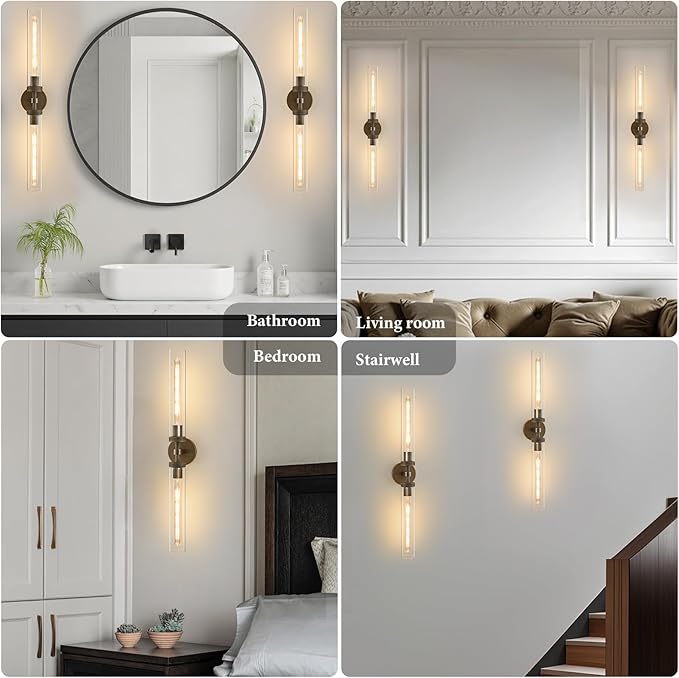 Knurled Brass Bathroom Wall Sconce - Set of 2 Luxury Brushed Antique Gold Sconces - Modern Linear Tube Vanity Lights Fixture with Clear Glass - Dimmable Indoor Lighting for Bedroom Living Room Decor