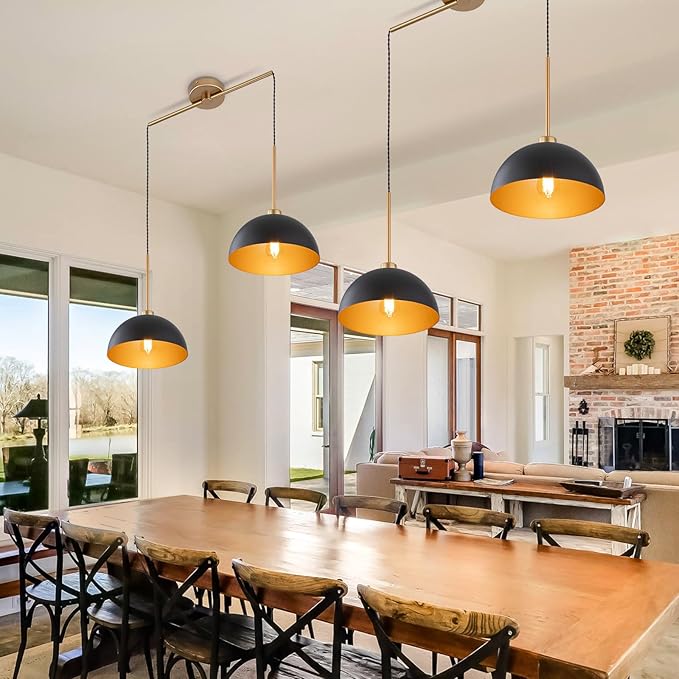 Farmhouse Pendant Lights Kitchen Island, 2 Light Black and Gold Dome Pendant Light, Industrial Modern Kitchen Island Lighting for Dining Room, Restaurant, Cafe, Bar
