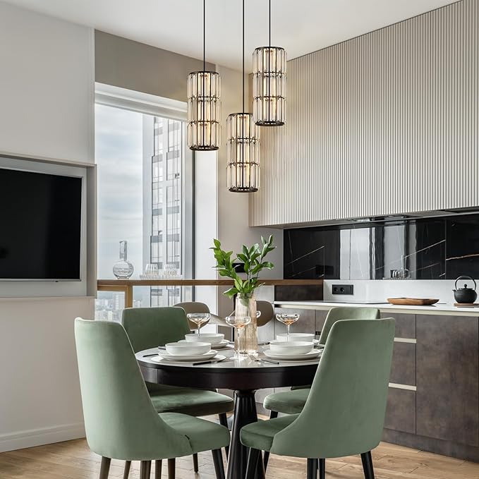 Black Pendant Lighting, Modern Crystal Mini Pendant Light Fixture, Adjustable 3-Pack Chandeliers for Kitchen Island, Dining Room, Bedroom