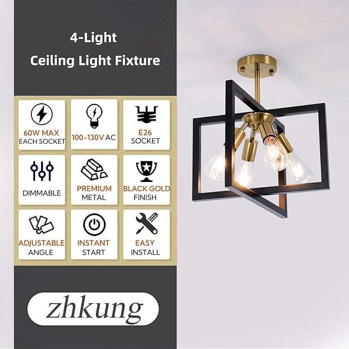 Farmhouse Industrial Ceiling Light Fixtures, 4-Light Vintage Modern Rectangle Black Gold Flush Mount Light Fixture with Rotatable Metal Square Frame for Kitchen Hallway Entryway Foyer Living Bedroom