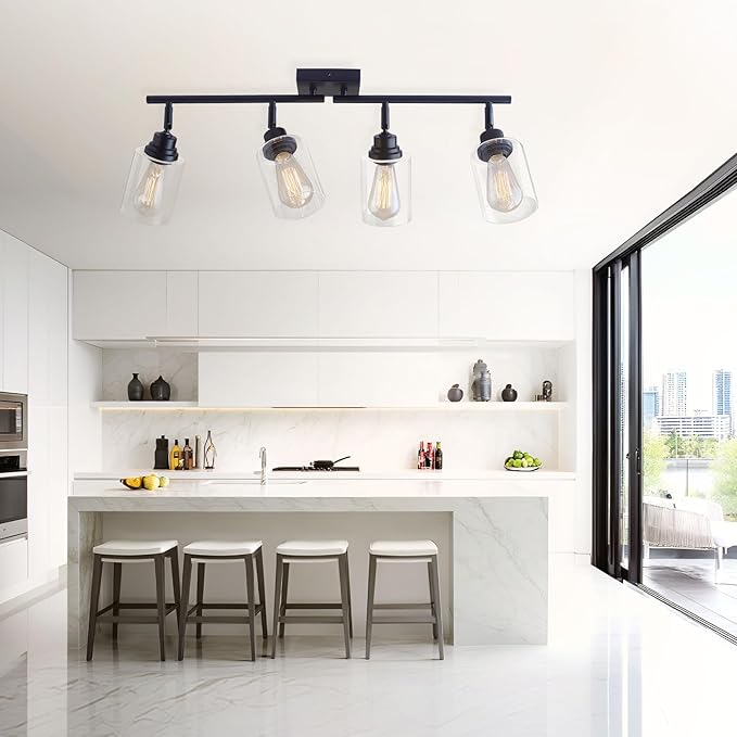 Modern 4-Light Track Lighting Fixtures Ceiling with Clear Glass Shades, E26 Base Kitchen Ceiling Light Fixture for Living Room, Bedroom & Bathroom