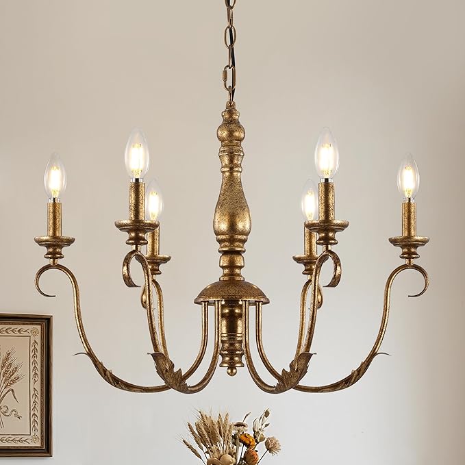 6-Light Rustic Farmhouse Chandelier, 24 Inch Vintage Brass Gold Hanging Pendant Light, Adjustable Metal Fixture for Dining Room Kitchen Island Entryway Foyer Bedroom Hallway