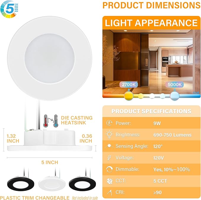 4 Inch Small Flush Mount Ceiling Light: LED Mini Surface Mount Light for Bedroom, Hallway, Kitchen,120V, 60W,5CCT Selectable, ETL, Wet Rated, White/4 Packs