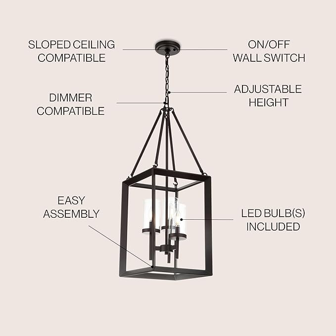 JONATHAN Y 12" Oil Rubbed Bronze 3-Light Lantern Pendant, LED Ceiling Light for Foyer Kitchen Island Entryway, Traditional Metal Fixture with Clear Glass Shade, ETL Listed JYL7412A