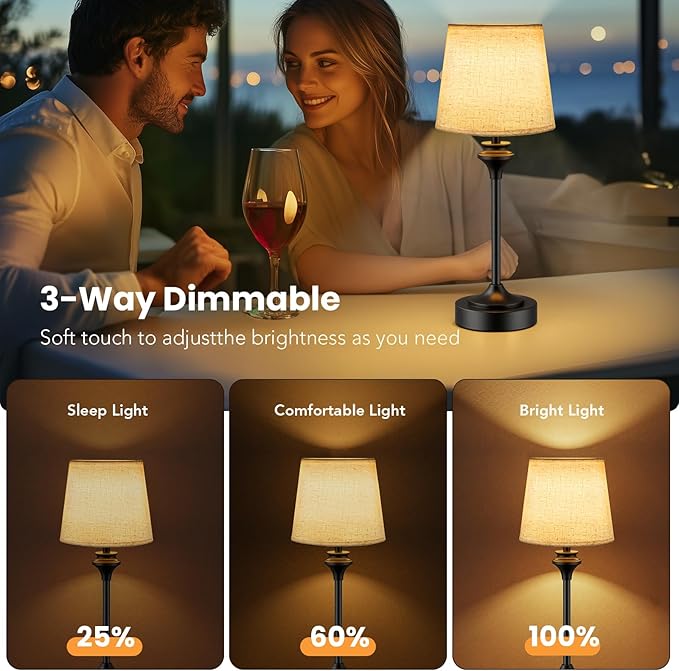 NIORSUN Portables Cordless Table Lamp,Flaxen Fabric Shade Battery Operated Lamp,5200mAh Bedside Table Lamp with Warm White,3 Way Dimmable Touch Desk Lamp for Bedroom Living Room Restaurant (Black)