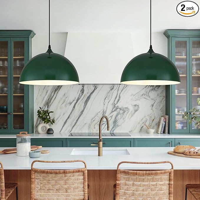 Green Pendant Lights Kitchen Island 2 Pack, 14 Inch Large Dome Pendant Light, Green Farmhouse Pendant Light, Island Pendant Lights for Kitchen, Dining Room