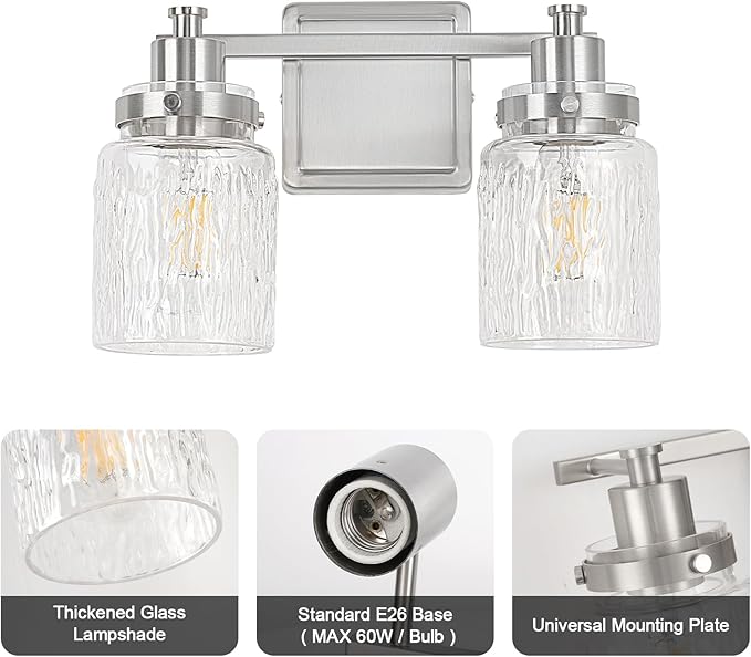 2 Lights Bathroom Light Fixtures Farmhouse Brushed Nickel Vanity Lights for Bathroom Lighting Fixtures Over Mirror with Hammered Glass Lampshade for Cabinet Mirror Bedroom Hallway