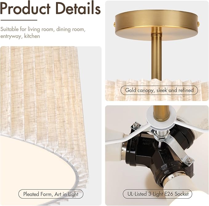 13 Inch Linen Pleated Semi Flush Mount Ceiling Light Fixture, Modern Cone Drum Dimmable Lamp for Bedroom, Kitchen, Dining Room, Hallway, Nursery, Entryway, Foyer Lighting, Gold
